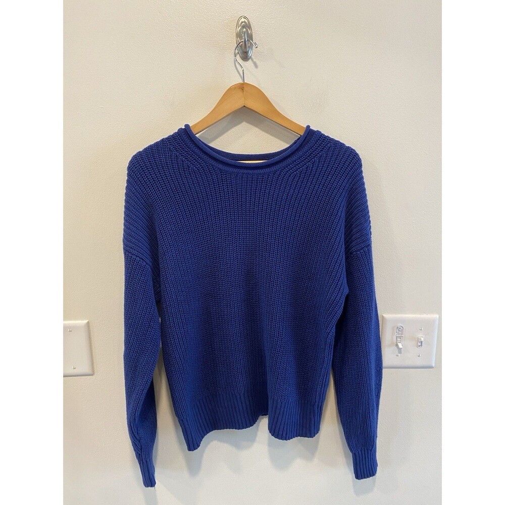 Gap Womens Roll Neck Fisherman Sweater Size Medium Blue 100% Cotton Chunky Knit
